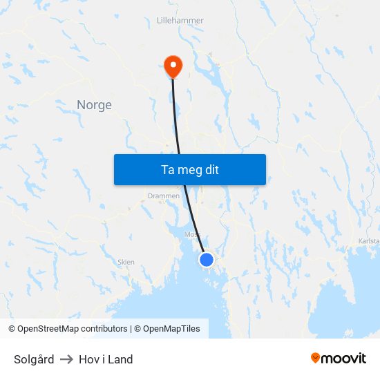 Solgård to Hov i Land map