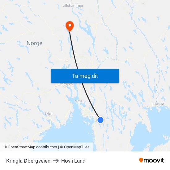 Kringla Øbergveien to Hov i Land map