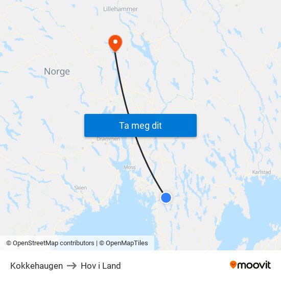 Kokkehaugen to Hov i Land map