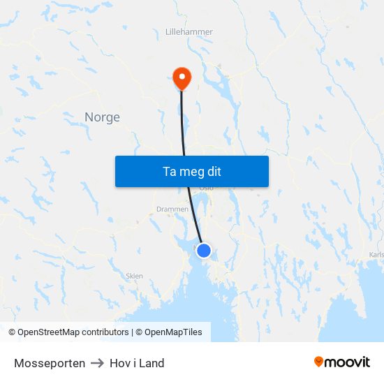 Mosseporten to Hov i Land map