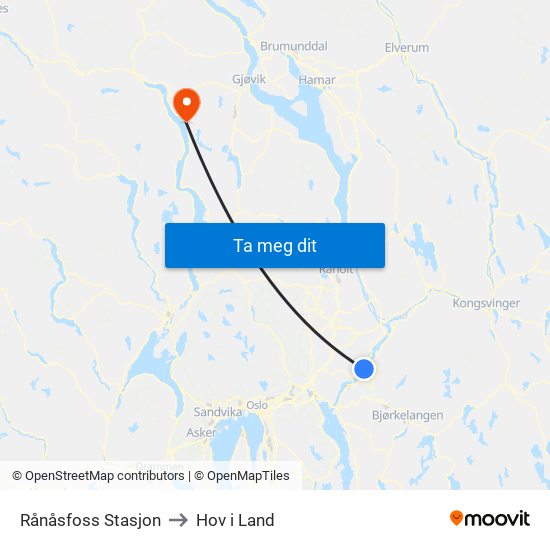 Rånåsfoss Stasjon to Hov i Land map