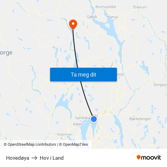 Hovedøya to Hov i Land map