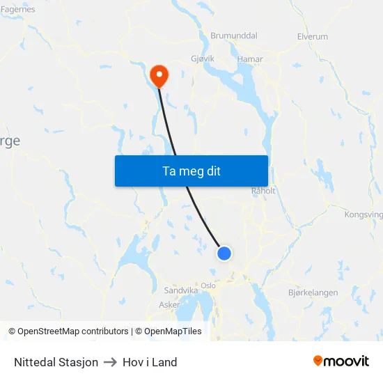 Nittedal Stasjon to Hov i Land map