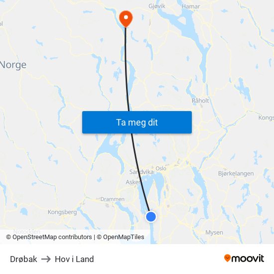 Drøbak to Hov i Land map