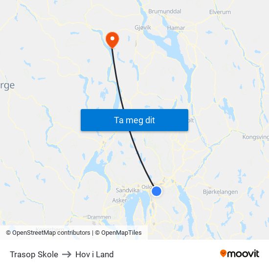 Trasop Skole to Hov i Land map