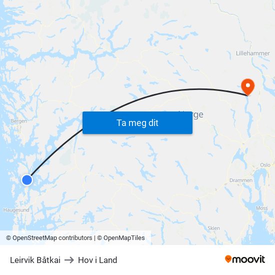 Leirvik Båtkai to Hov i Land map