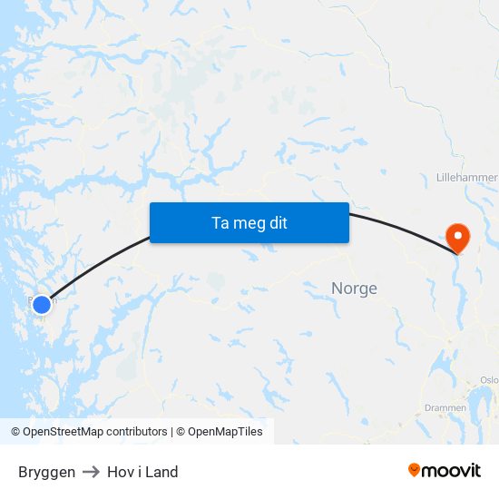 Bryggen to Hov i Land map