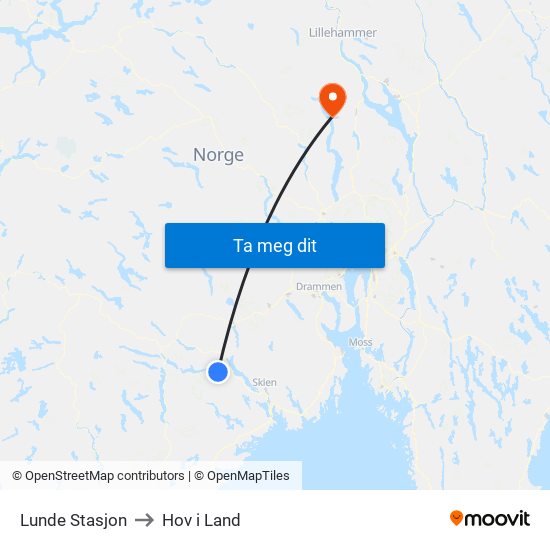 Lunde Stasjon to Hov i Land map