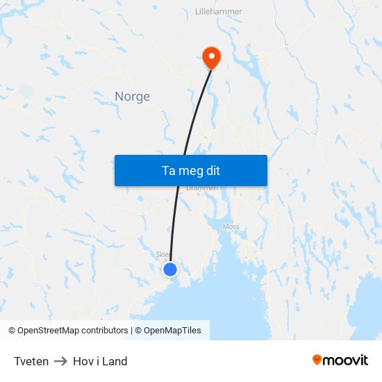 Tveten to Hov i Land map