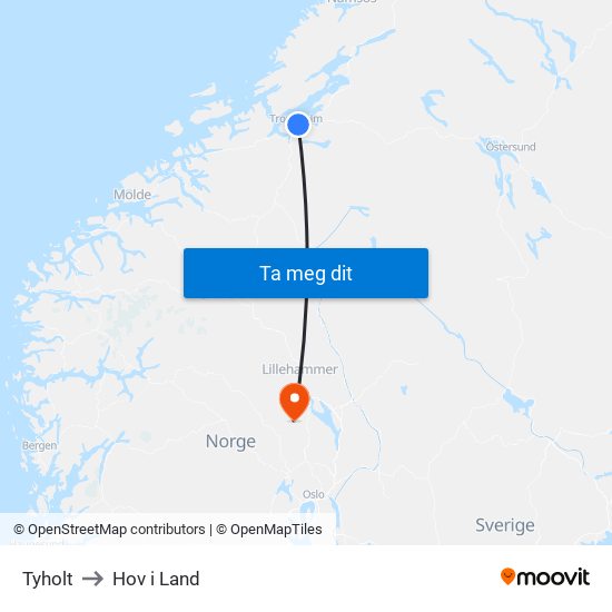 Tyholt to Hov i Land map