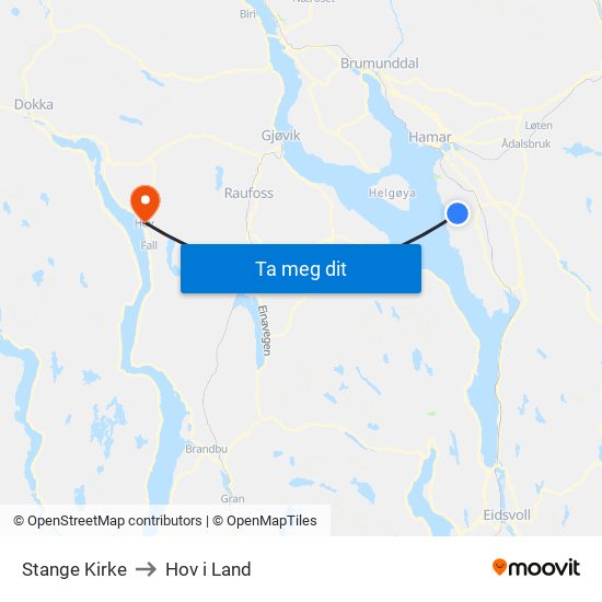 Stange Kirke to Hov i Land map