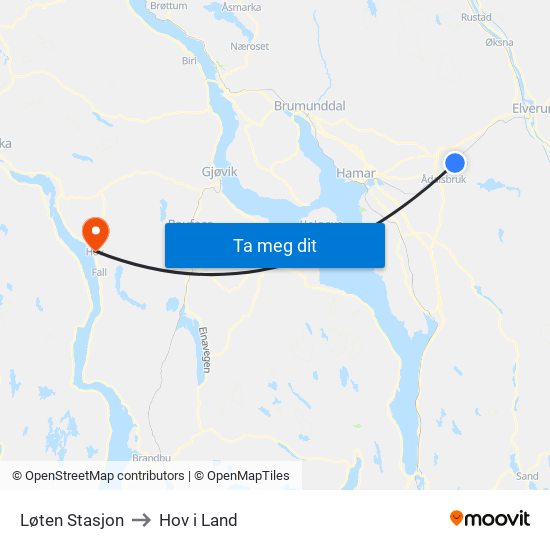 Løten Stasjon to Hov i Land map