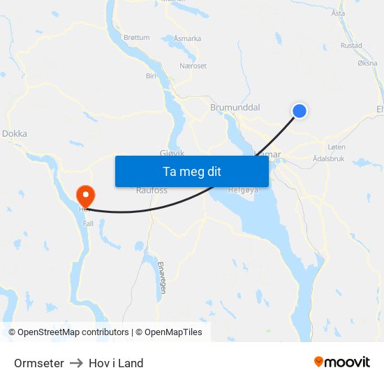 Ormseter to Hov i Land map