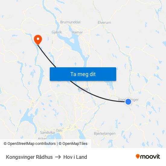 Kongsvinger Rådhus to Hov i Land map