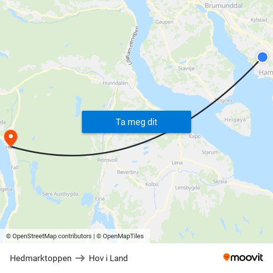 Hedmarktoppen to Hov i Land map