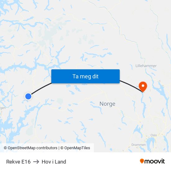 Rekve E16 to Hov i Land map