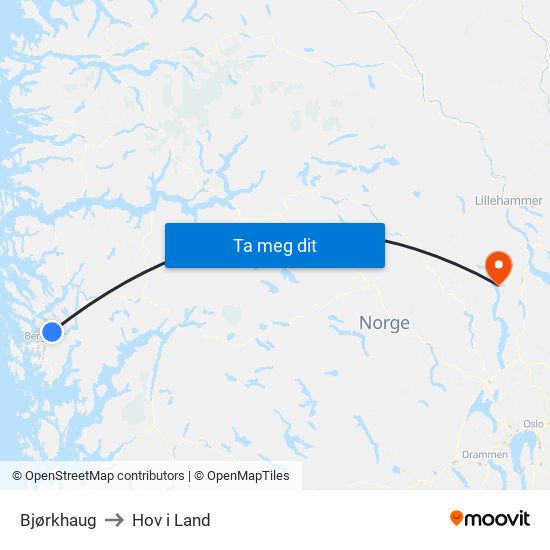 Bjørkhaug to Hov i Land map