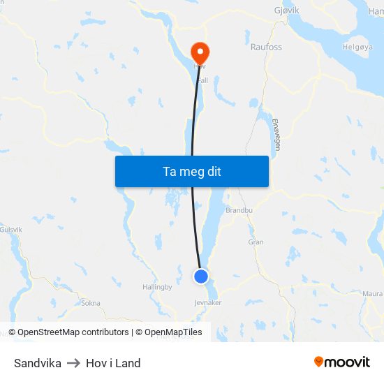 Sandvika to Hov i Land map