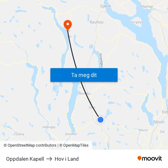 Oppdalen Kapell to Hov i Land map