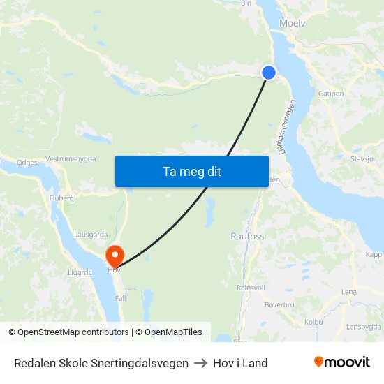 Redalen Skole Snertingdalsvegen to Hov i Land map