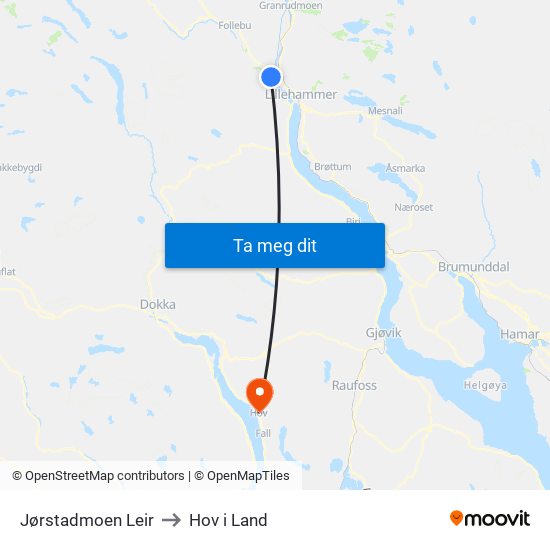 Jørstadmoen Leir to Hov i Land map