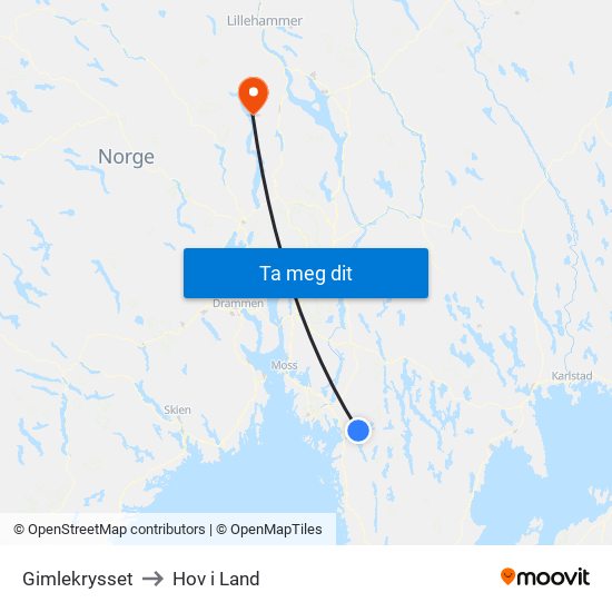 Gimlekrysset to Hov i Land map