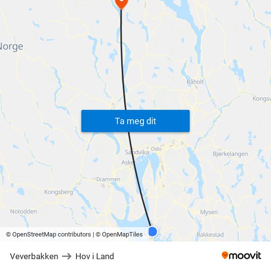 Veverbakken to Hov i Land map