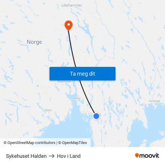 Sykehuset Halden to Hov i Land map