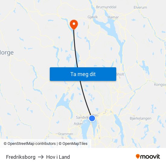 Fredriksborg to Hov i Land map