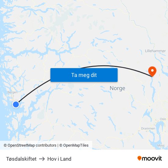 Tøsdalskiftet to Hov i Land map