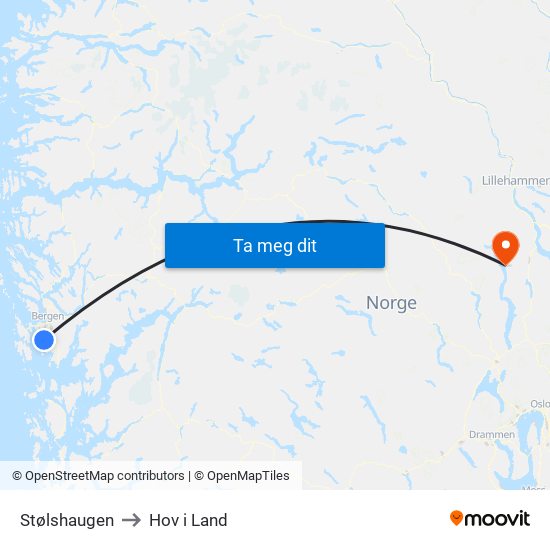 Stølshaugen to Hov i Land map