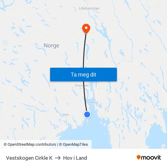 Vestskogen Cirkle K to Hov i Land map