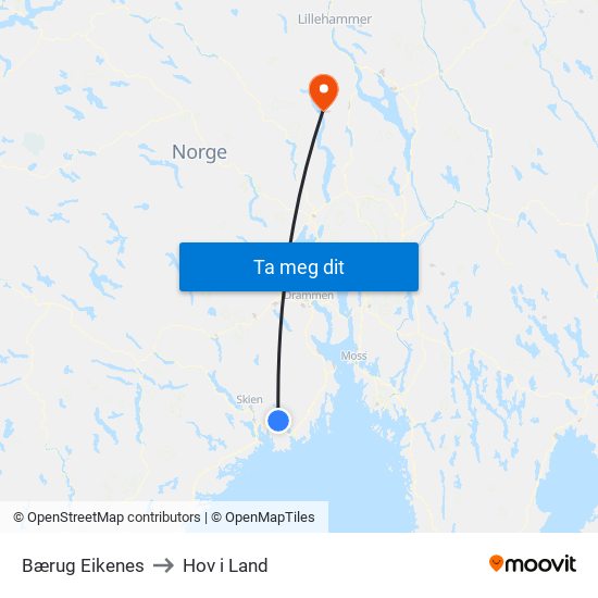 Bærug Eikenes to Hov i Land map