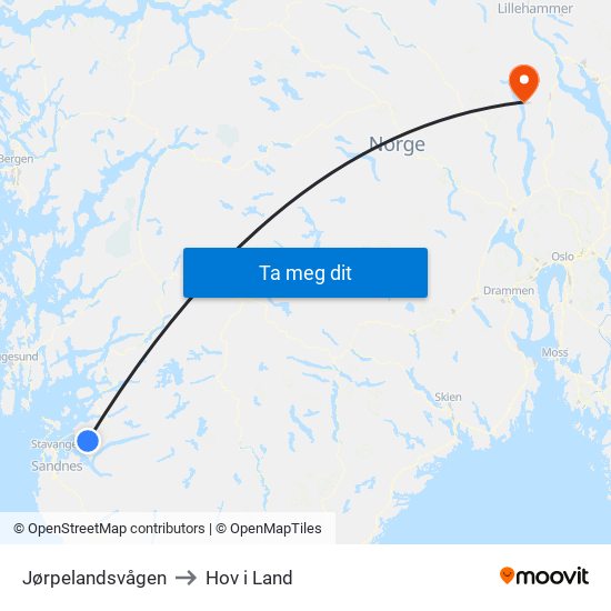 Jørpelandsvågen to Hov i Land map