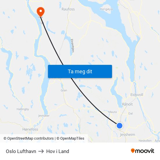 Oslo Lufthavn to Hov i Land map