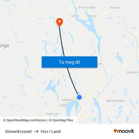 Sinsenkrysset to Hov i Land map