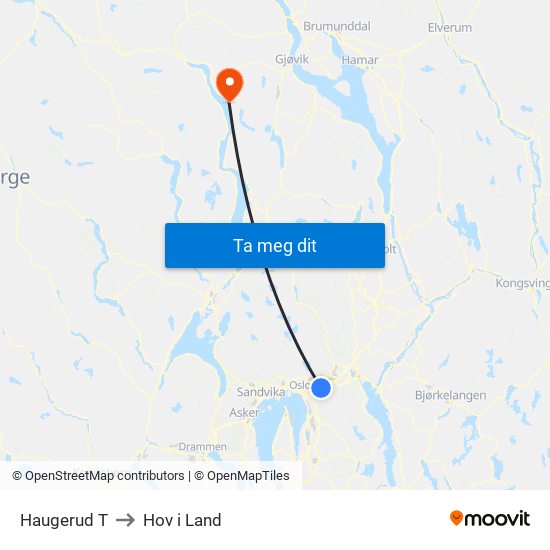 Haugerud T to Hov i Land map