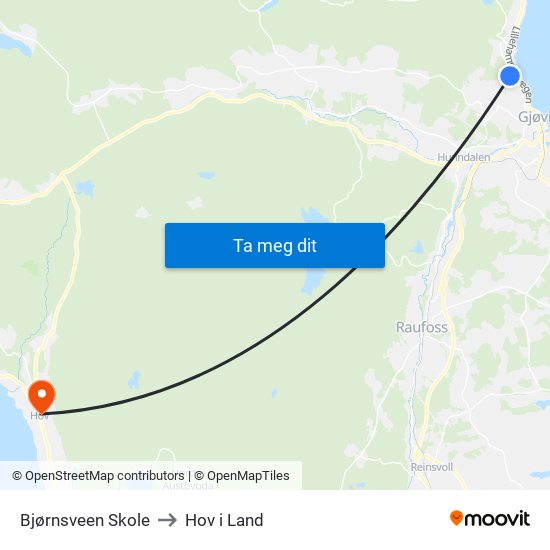 Bjørnsveen Skole to Hov i Land map