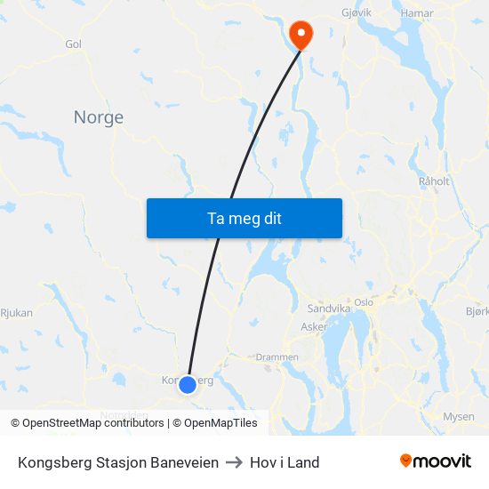 Kongsberg Stasjon Baneveien to Hov i Land map