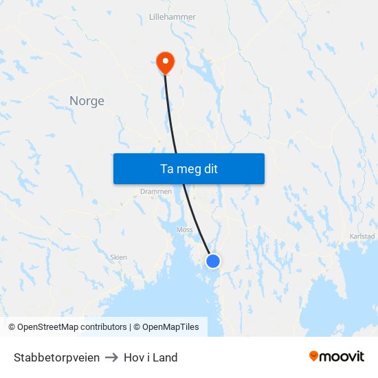 Stabbetorpveien to Hov i Land map