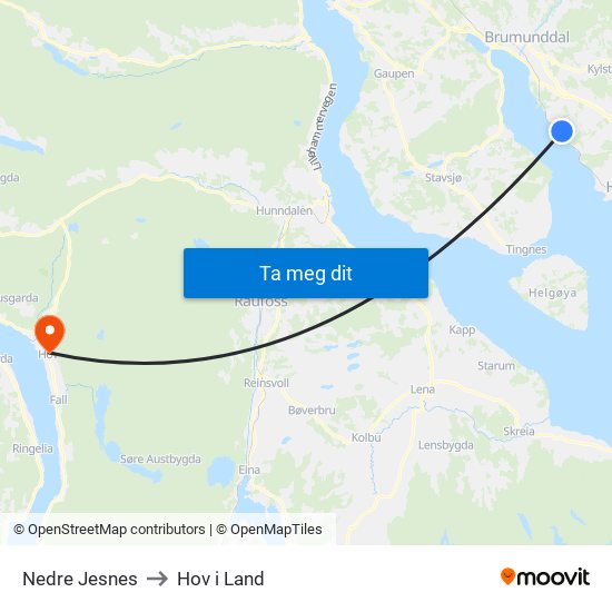 Nedre Jesnes to Hov i Land map