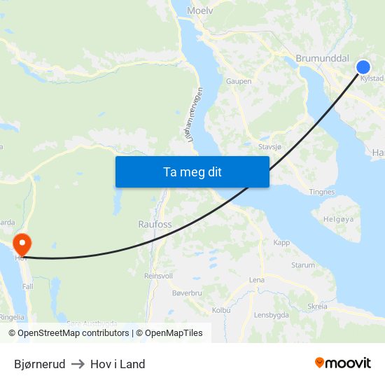 Bjørnerud to Hov i Land map