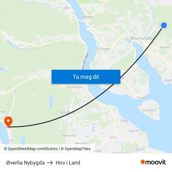 Øverlia Nybygda to Hov i Land map