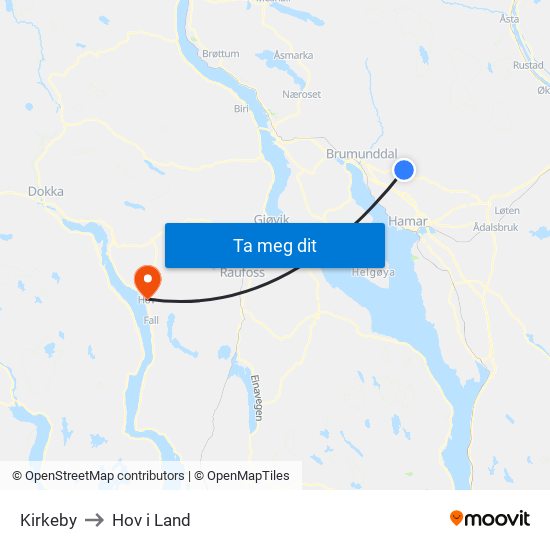 Kirkeby to Hov i Land map