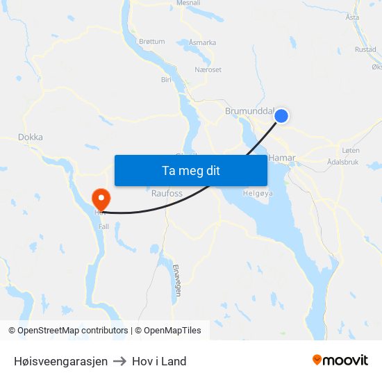 Høisveengarasjen to Hov i Land map