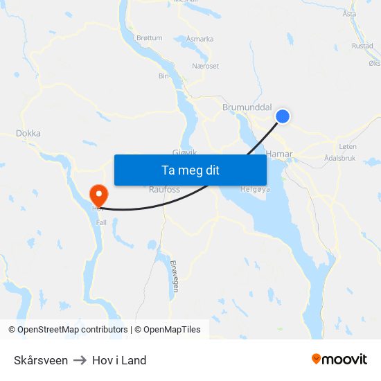 Skårsveen to Hov i Land map