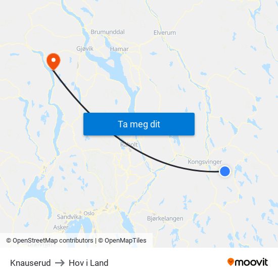 Knauserud to Hov i Land map