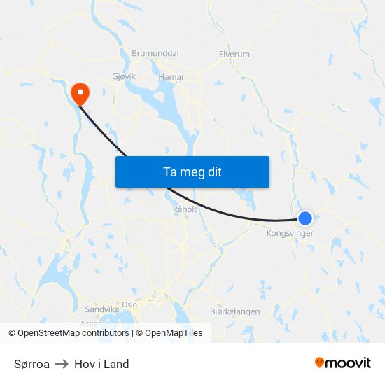 Sørroa to Hov i Land map