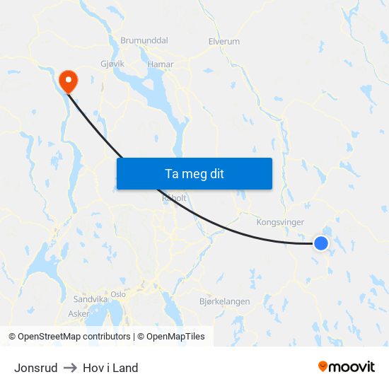 Jonsrud to Hov i Land map