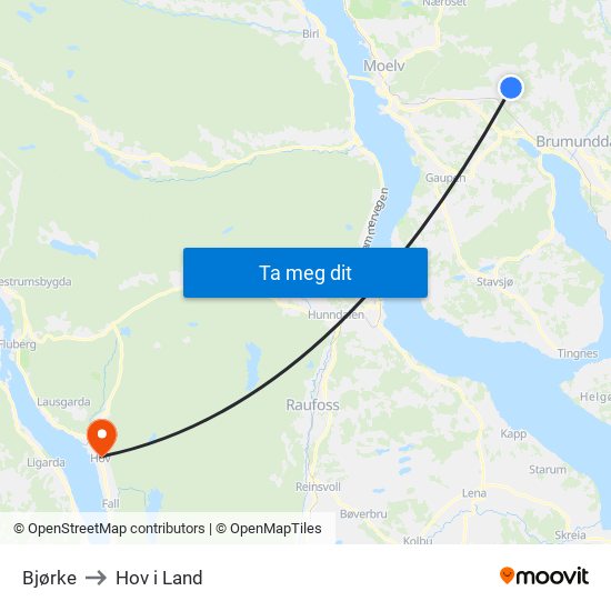 Bjørke to Hov i Land map